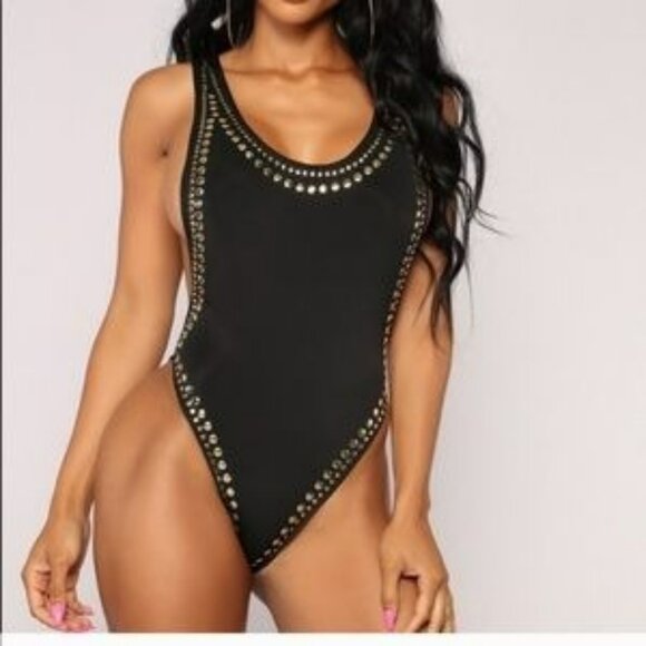 Fashion Nova Other - Fashion Nova Forever Studded Swimsuit size Large Black Gold Womens New NWT